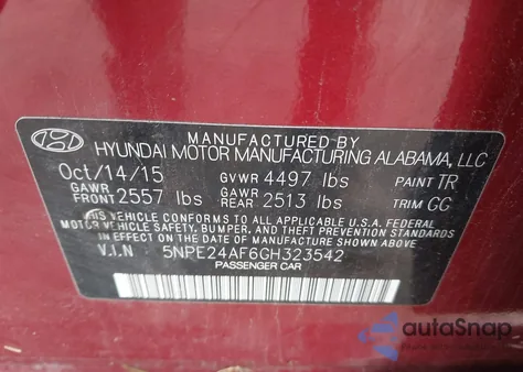 2016 Hyundai Sonata Se z USA, uszkodzony, nr VIN 5NPE24AF6GH323542